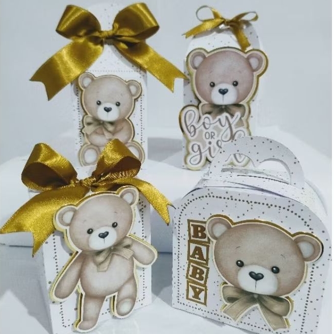 kit  PEGUE e MONTE Boy ou Girl Ursinho dourado chá revelação lembrancinhas personalizadas festa infantil decoração