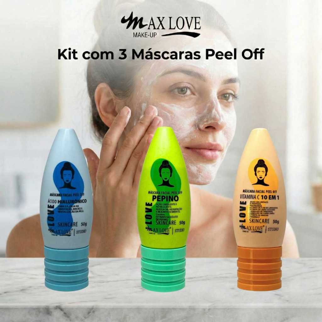 Kit com 3 Máscaras Peel Off - Ácido Hialurônico, Pepino, Vitamina C 10em1 Max Love