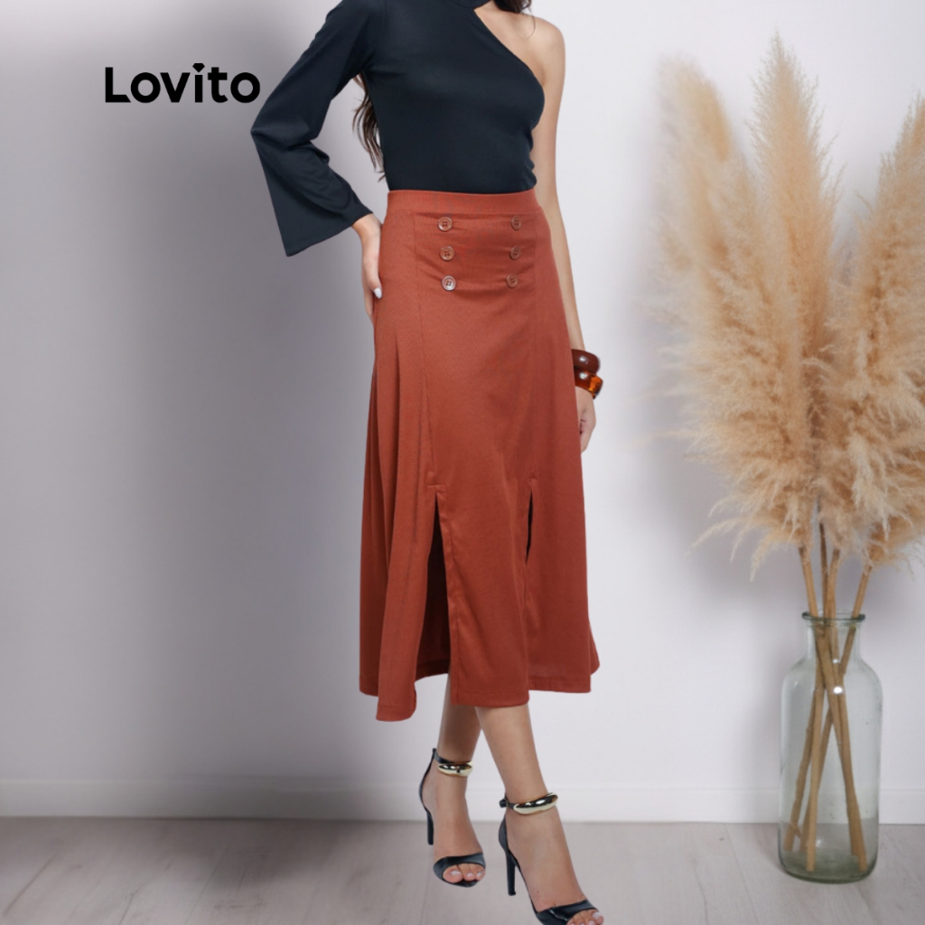 Lovito Saia Longa Botoes Rib Fenda Moda Elegante Marrom Feminina BRSKB1058BRL1088
