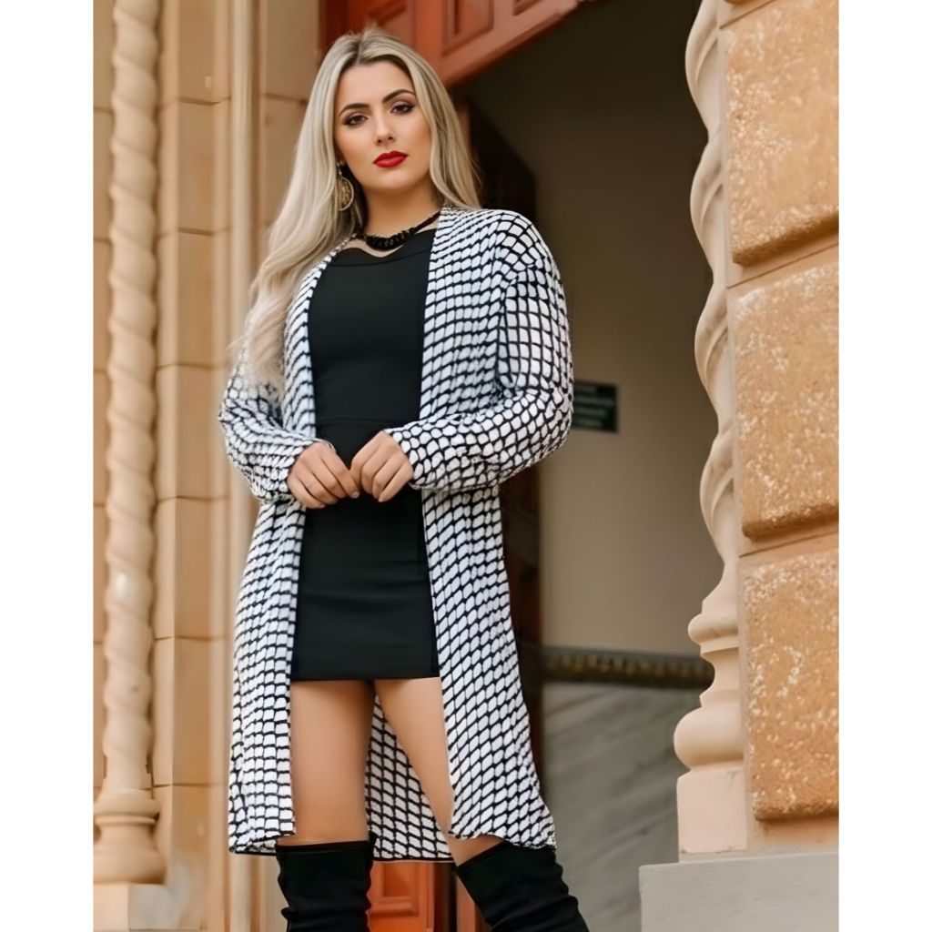 Cardigan Listrado Longo Feminina Tricot Blusa de Frio Casaco Xadrez Moda Outono/Inverno Tricô