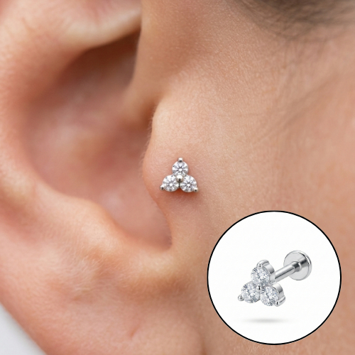 PIERCING TRAGUS HELIX ORELHA TRES ZIRCONIAS CRAVEJADO - PRATA 925