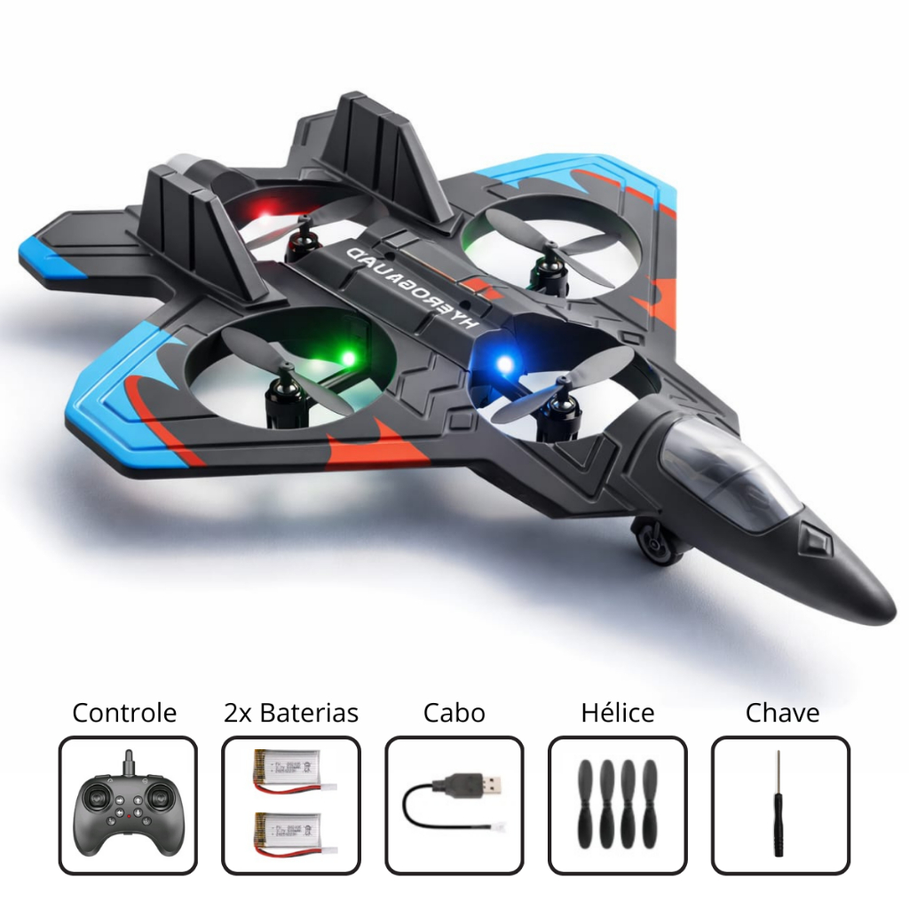 Drone Avião RC Camuflagem com Controle Remoto Brinquedo Voador 2 em 1 Luz LED Recarga USB 2 Baterias