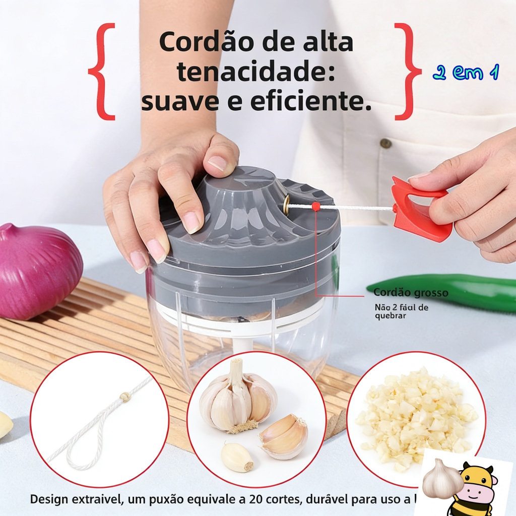 Mini descascador manual, descasca e pica em um! Picador/ralador de alho com acionamento por corda.