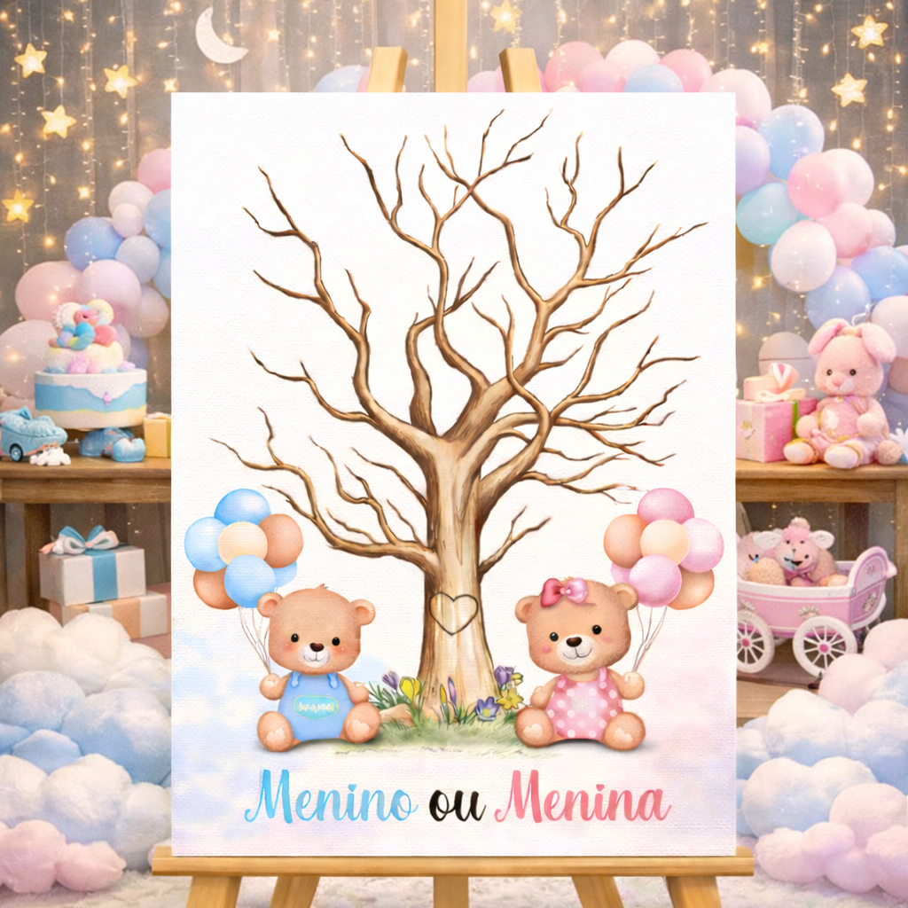 Quadro Placa Recepção Chá Revelação Ursinhos Menino ou Menina Árvore de Assinaturas Personalizado