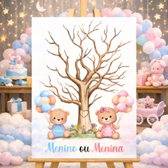 Quadro Placa Recepção Chá Revelação Ursinhos Menino ou Menina Árvore de Assinaturas Personalizado
