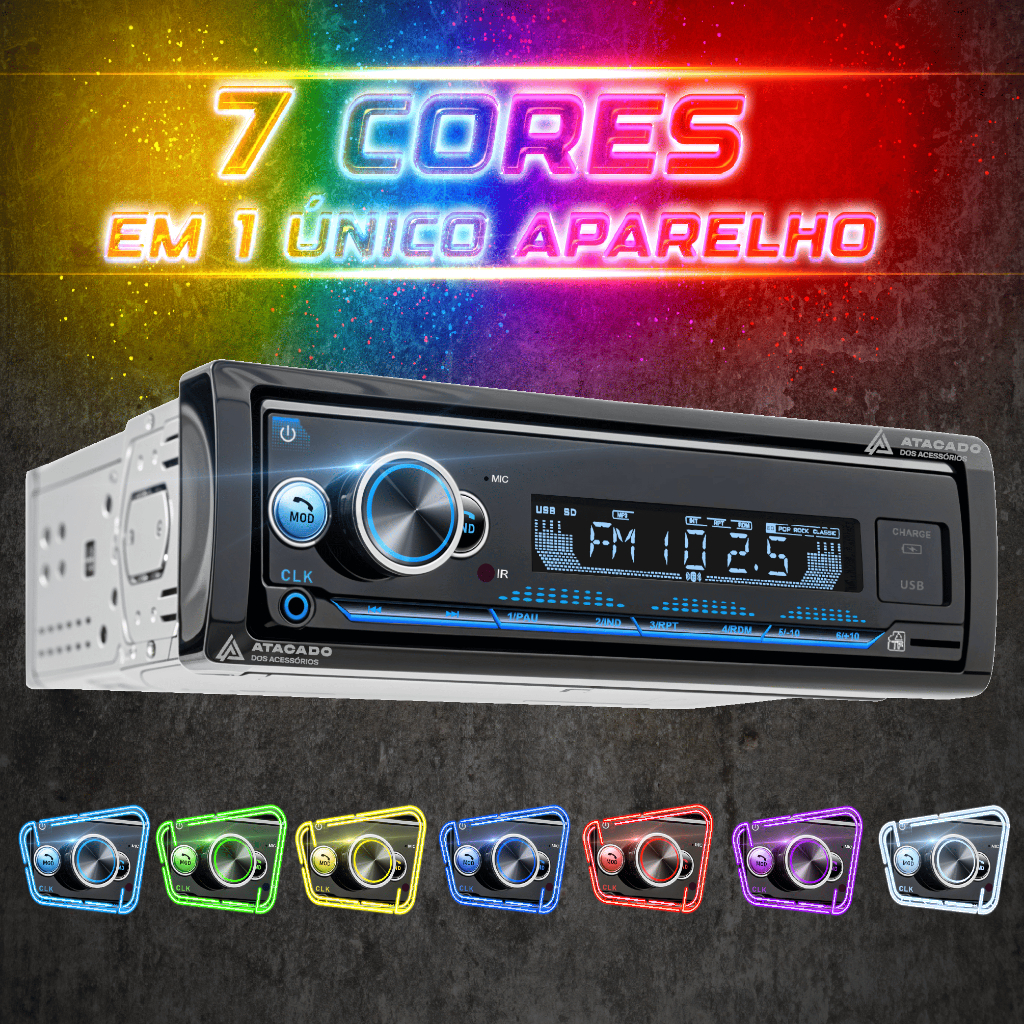 Radio pra carro MP3 bluetooth Aparelho de som automotivo 7 Cores muda de cor Torquehammer