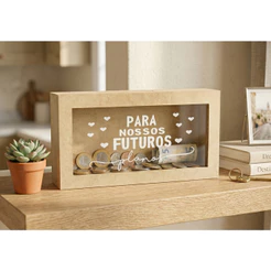quadro cofre porta moedas ou notas 22x12cm silicone viagem em mdf varias frases