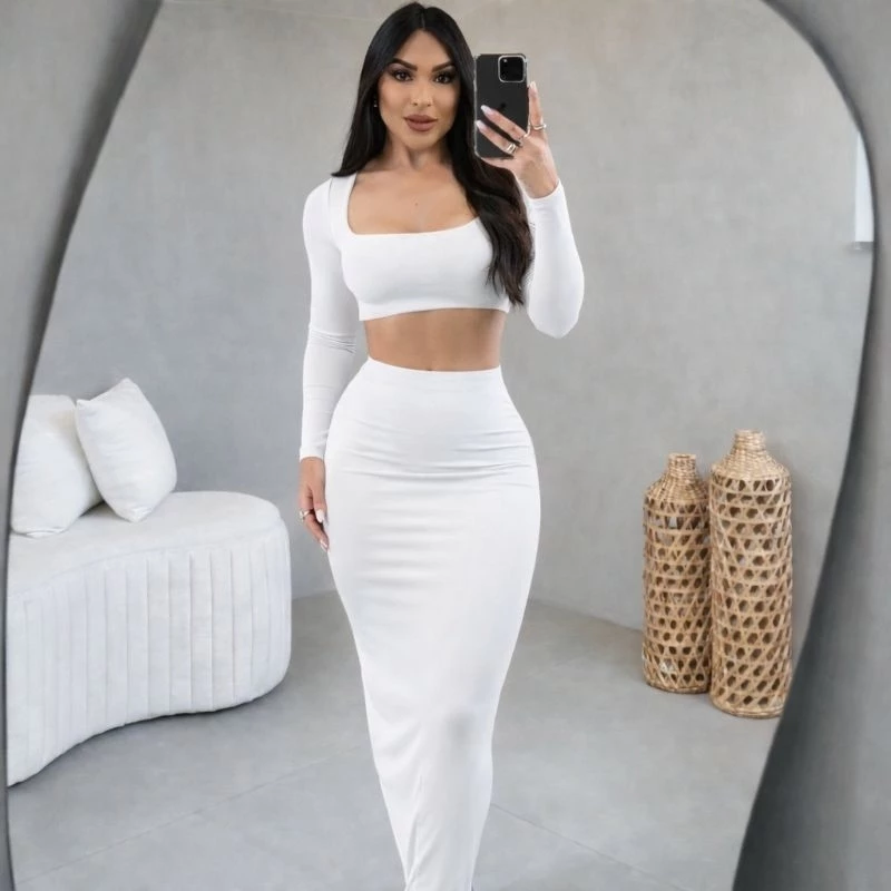 Conjunto Saia e Blusa Cropped Feminina Manga Longa Inverno Decote Quadrado - Tecido Suplex Confortável, Tamanho Único — imagem 1
