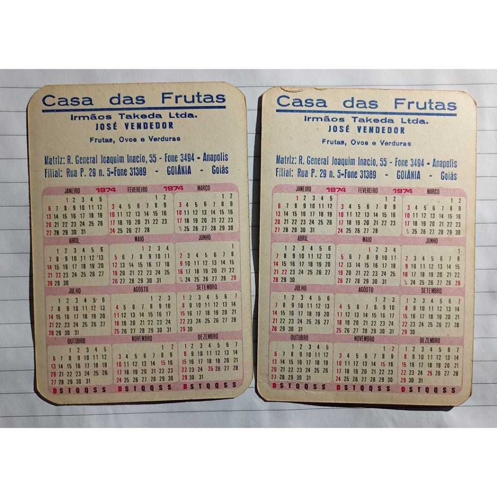 Calendário de Bolso Antigo – Casa das Frutas – Irmãos Takeda Ltda. – 1974 – Goiás