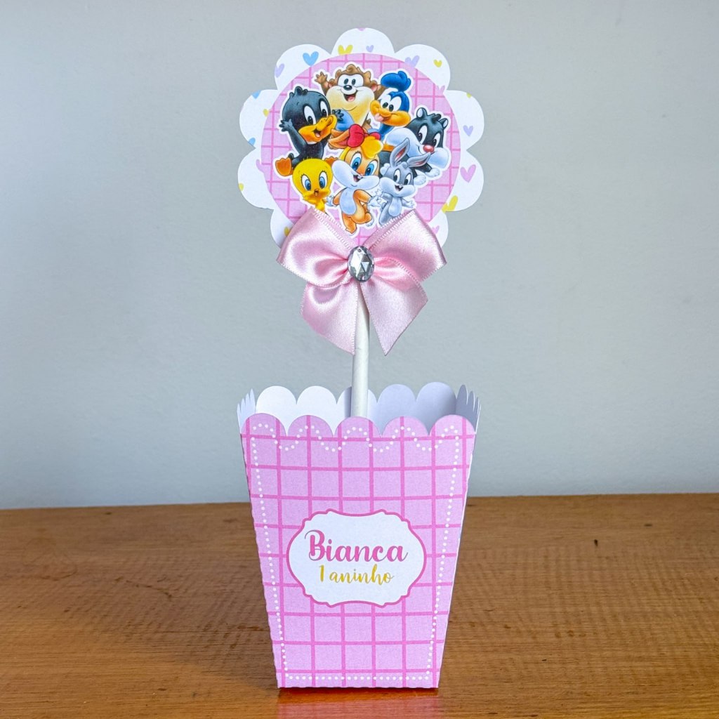 Envio Rápido Kit Centro De Mesa Personalizado Baby Looney Tunes Rosa | Enfeite Cachepô | Decoração