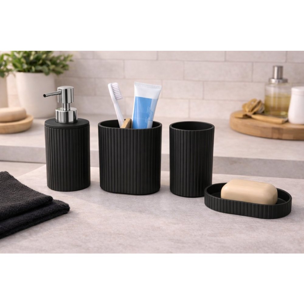 Conjunto para Banheiro com tampa de Bambu de Escova de dente, Pasta de dente, saboneteira e sabonete líquido- Preta
