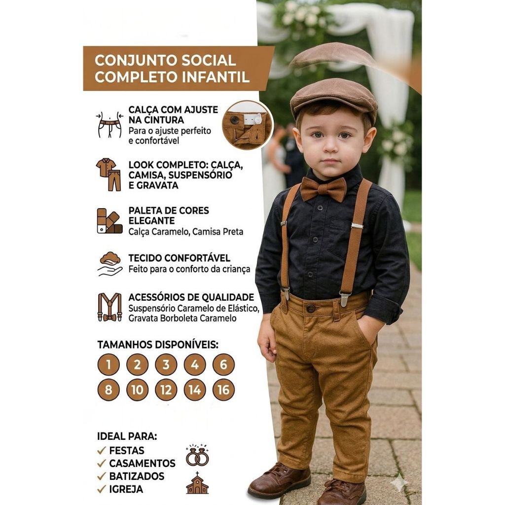 Calça Caramelo com Camisa Longa Preta e Kit Gravata e Suspensório Infantil Batizado Formatura Festa Evento Menino Social