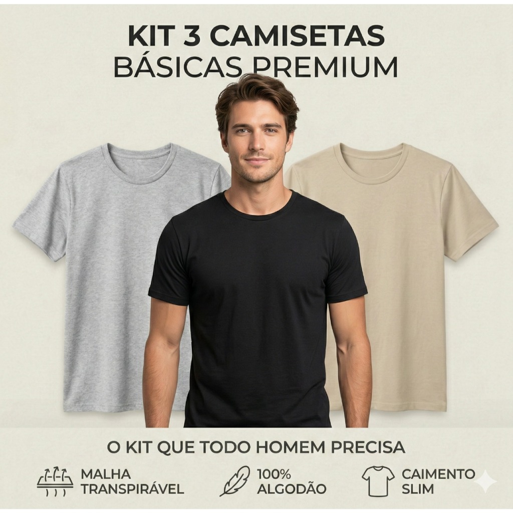 Kit 3 Camisetas Camisa Masculinas Básicas Lisas 100% Algodão em Oferta na Shopee