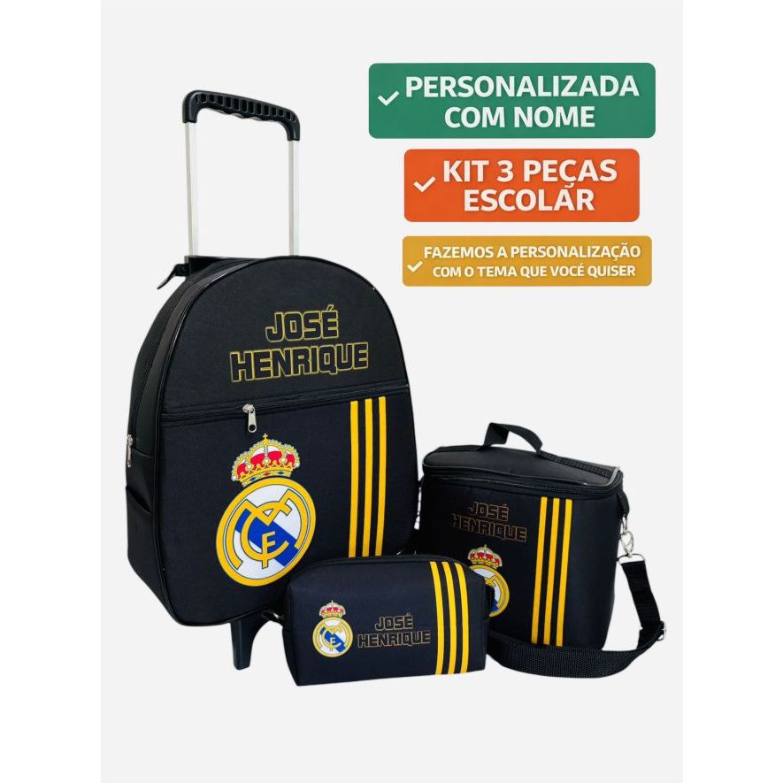 Kit Mochila 3 Peças Real Madrid de rodinhas carrinho personalizada com o nome