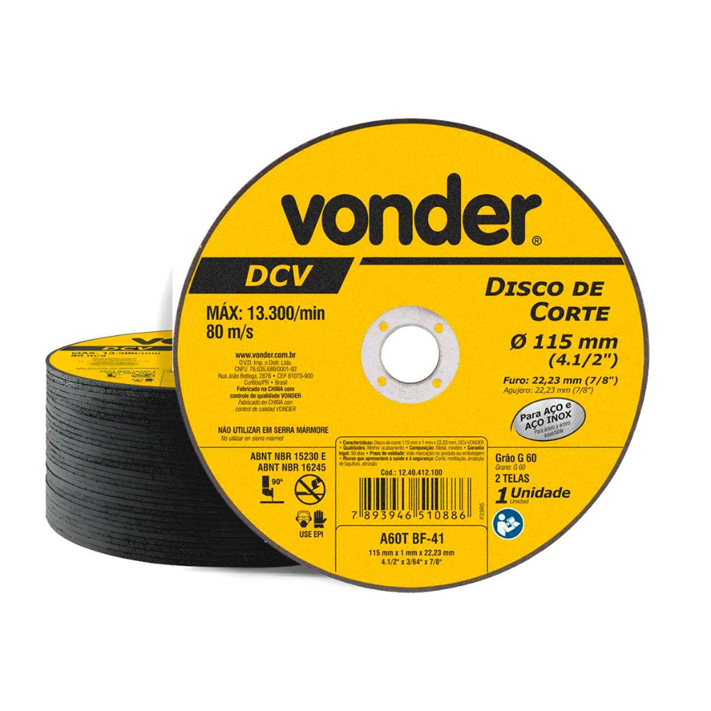 50 Unidades de Disco de Corte 115 mm x 1,0 mm x 22,23 mm, DCV Grão G60 Vonder em Oferta na Shopee