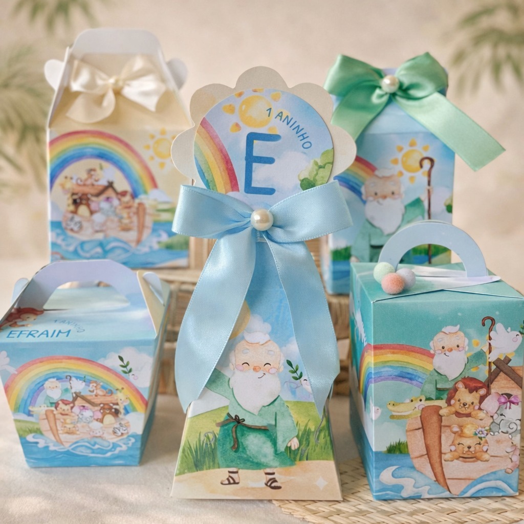 ENVIO RÁPIDO Caixinhas personalizadas tema arca de noé lembrancinha aniversario milk piramide