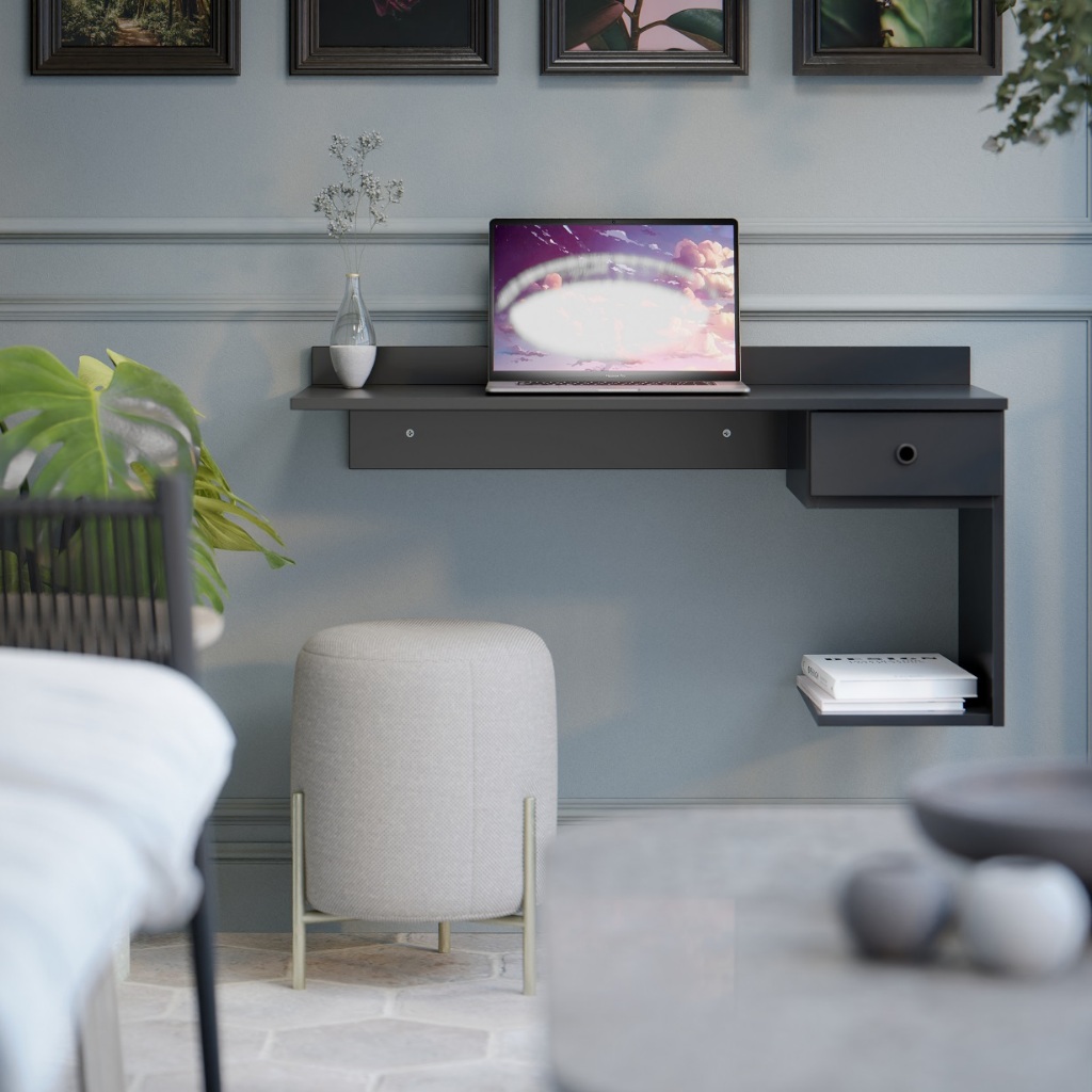 Escrivaninha Suspensa Mesa Home Office Funcional Moderna com Nichos Compacta