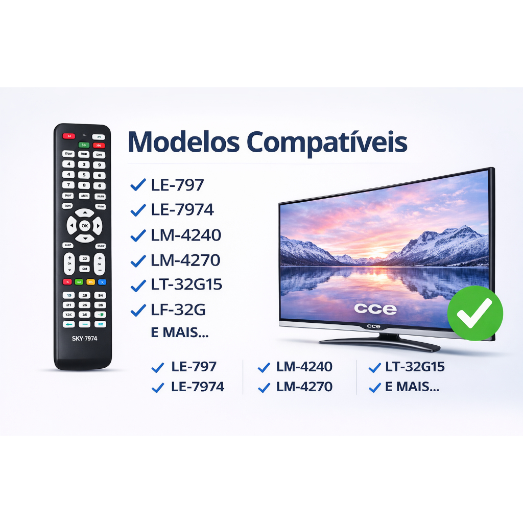 Controle Remoto CCE LCD LED LE-7974 Compatível TV Substitui Original Não Precisa Programar