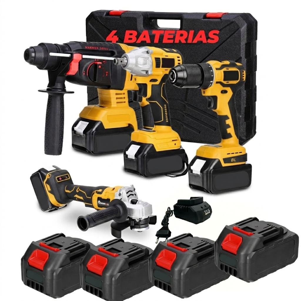 Kit 4em1 Ferramentas Martelete Esmerilhadeira Lixadeira Parafusadeira Chave Impacto Bateria 96v