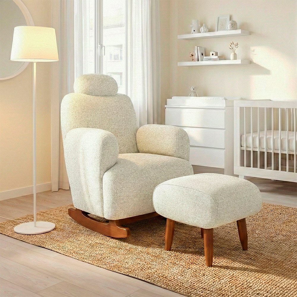 Poltrona de Amamentação com Balanço e Puff Aurora Design Curvo Tecido Francês Off White