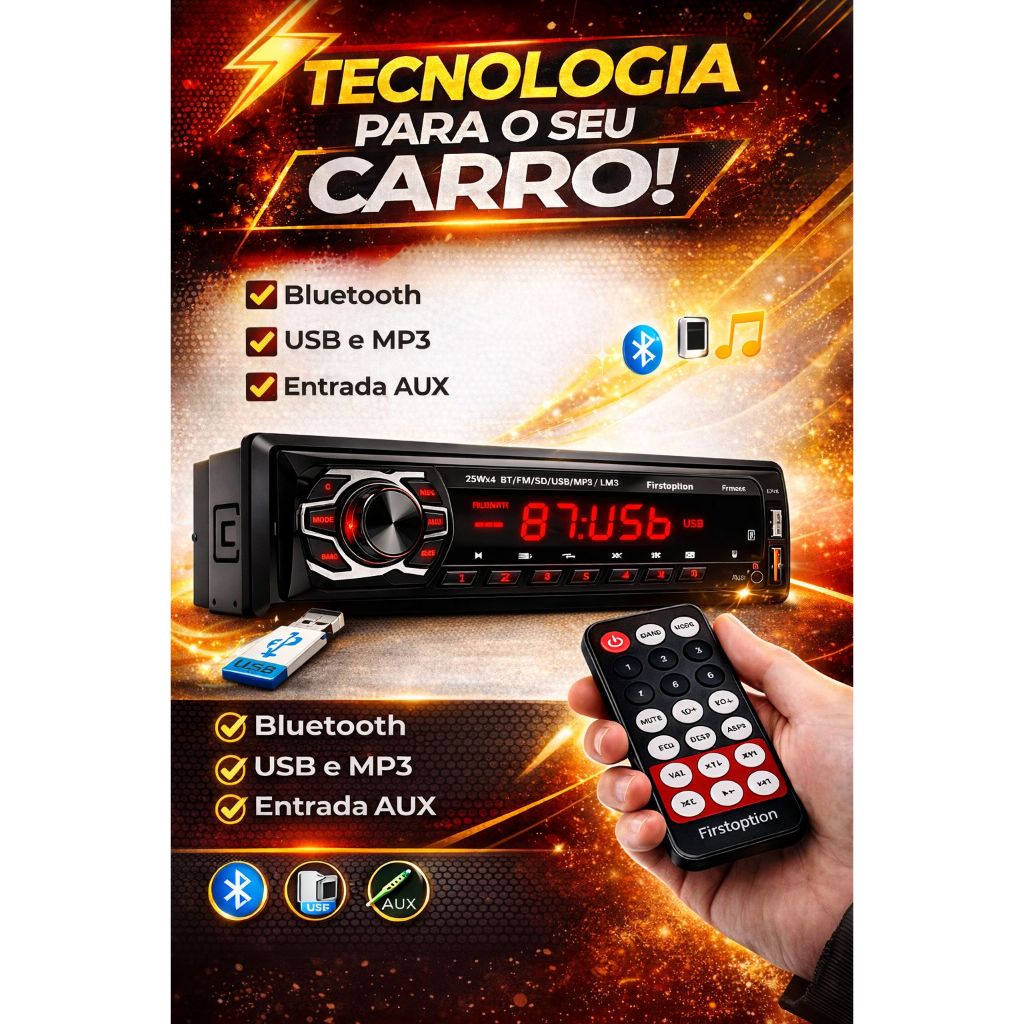 Aparelho Som Para Carro Automotivo 1 Din Bluetooth 2 Usb Fm
