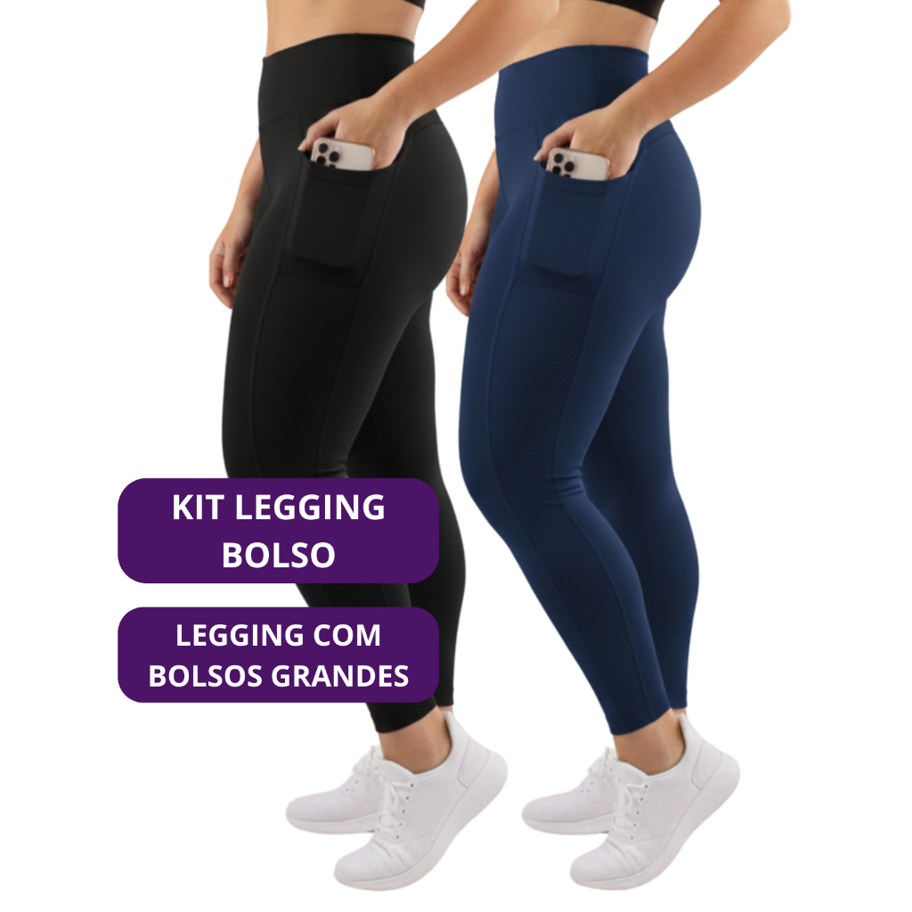 kit 2 Calça Legging Fitness Feminina com Bolso Lateral Cós Alto Suplex em Oferta na Shopee