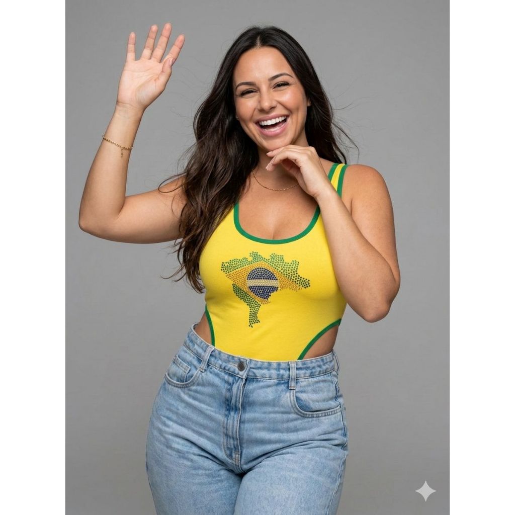 Body Cavado Feminino Asa Delta Boddy Regata Collant Gringa Bori Bory Festa Copa do Mundo Bandeira