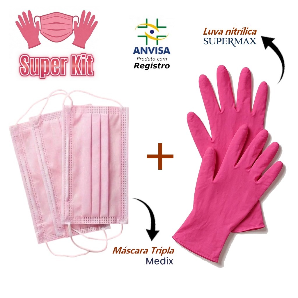 Kit Luva Nitrílica + Máscara Tripla Rosa Descartável TNT com ANVISA