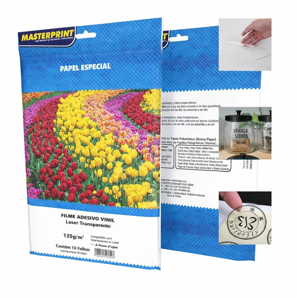 Papel Vinil Adesivo Transparente A4 135g Impressora Laser Prova D’Água Masterprint 10 Folhas
