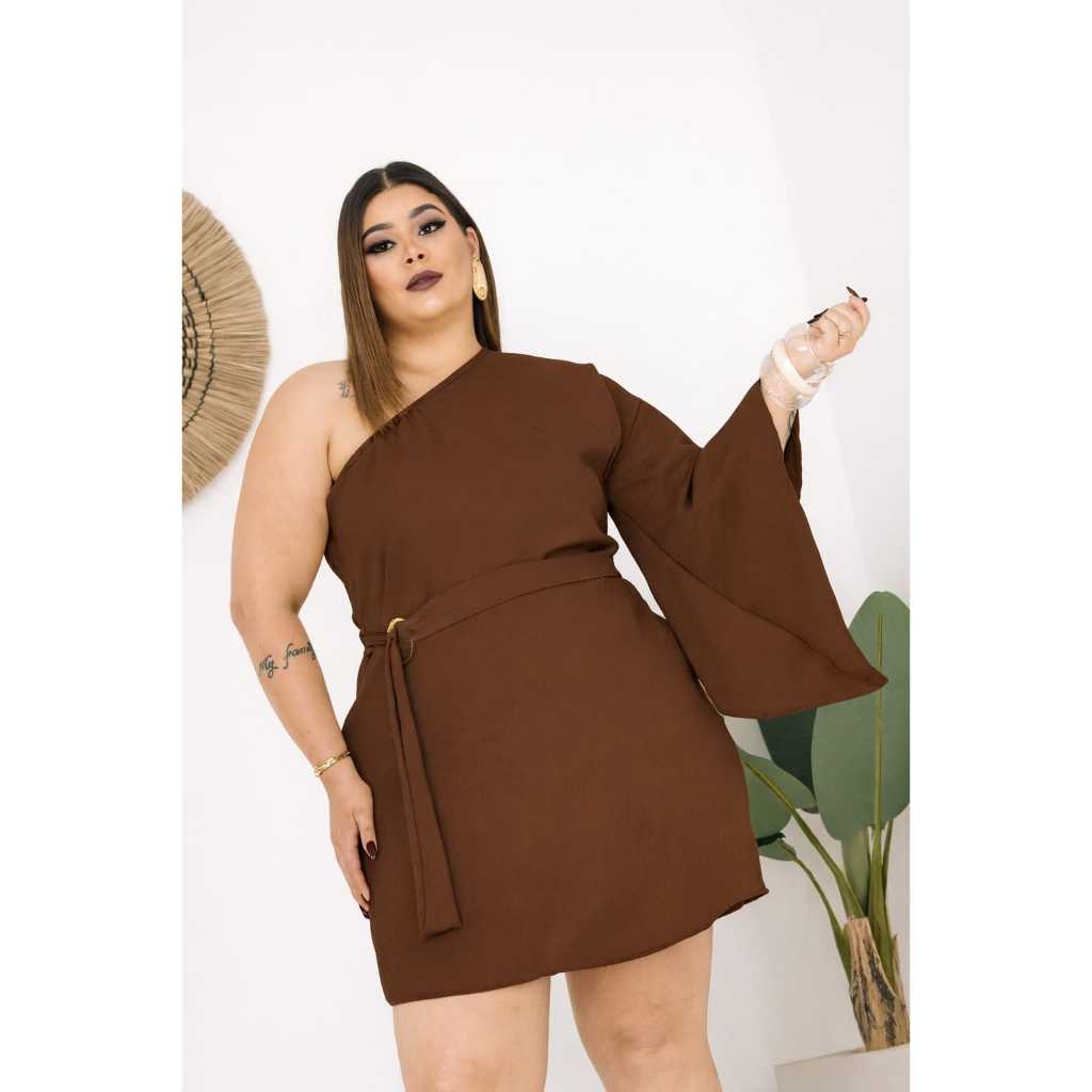 Vestido Curto feminino Plus size manda Mula única Ajustável com cinto Soltinho  moderno chique Crepe
