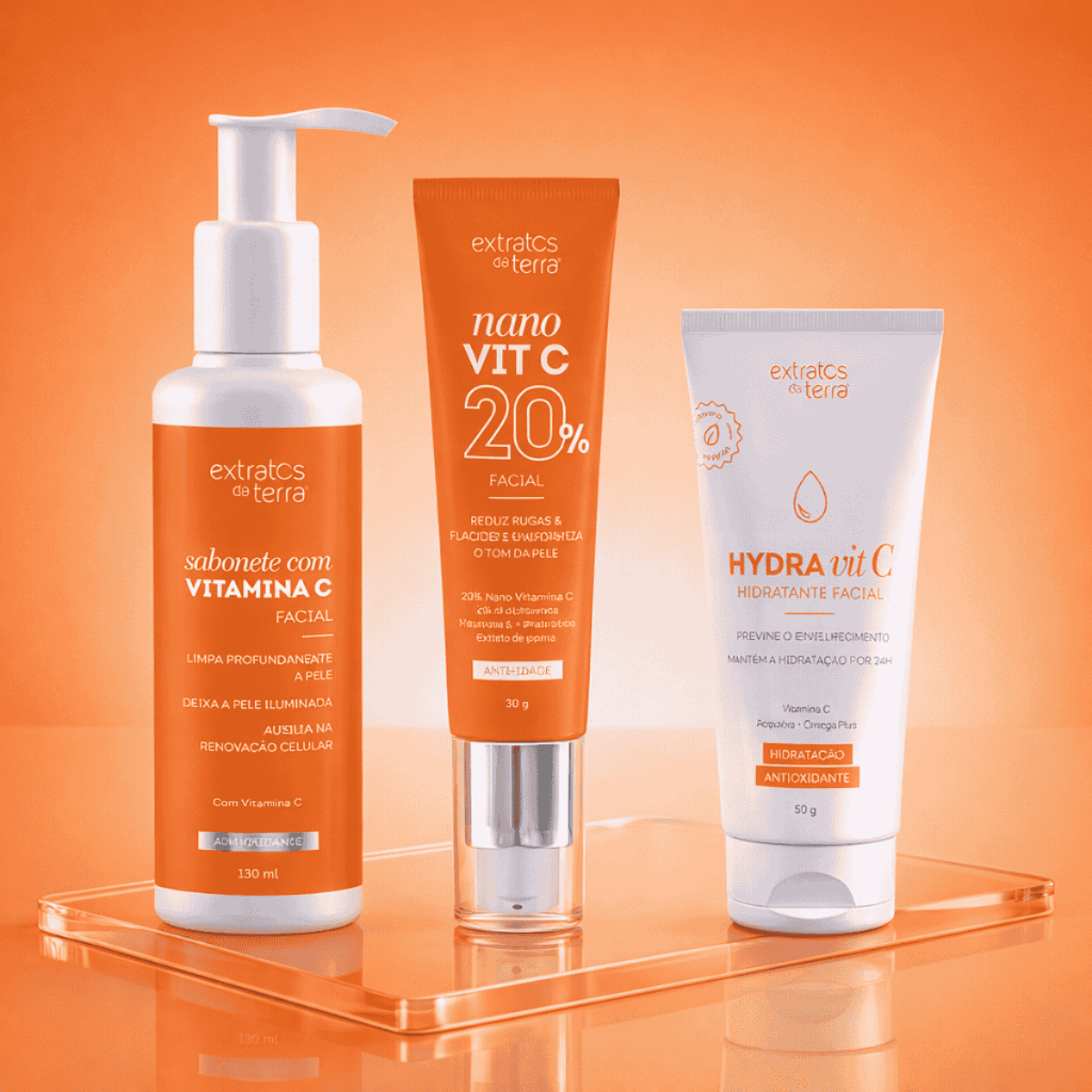 Kit Vitamina C 20% Facial Limpeza + Sérum + Hidratante Anti-Idade Extratos da Terra