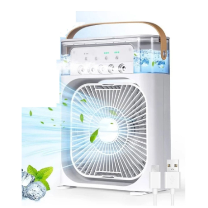 Mini Ventilador de Ar Portátil Air Cooler Fan 3 em 1 Climatizador Umidificador Tanque 600ml LED 7 cores 3 velocidades