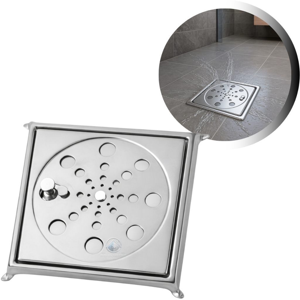 Ralo Inox 10x10 Completo Grelha Com Caixilho Cromado Para Banheiro Piso Lavanderia - Anti Ferrugem