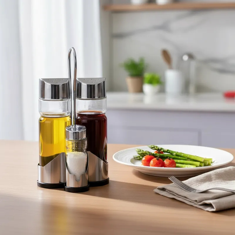 Galheteiro Porta Azeite Vinagre Saleiro Paliteiro Pimenta de Vidro Com Suporte Inox 4 Peças
