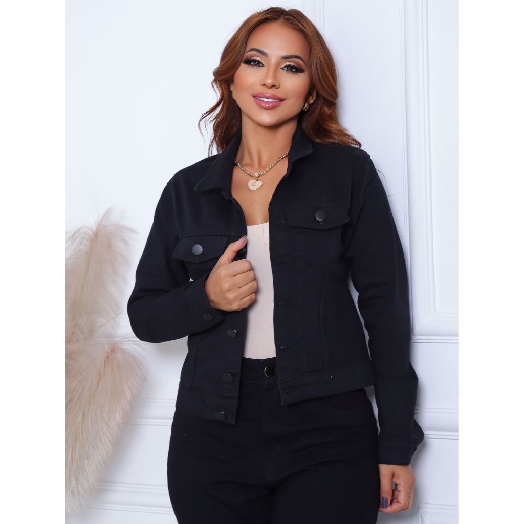 Jaqueta  Casaco Jeans Feminina  Preta e Grafite Com Lycra Elastano Premium em Oferta na Shopee