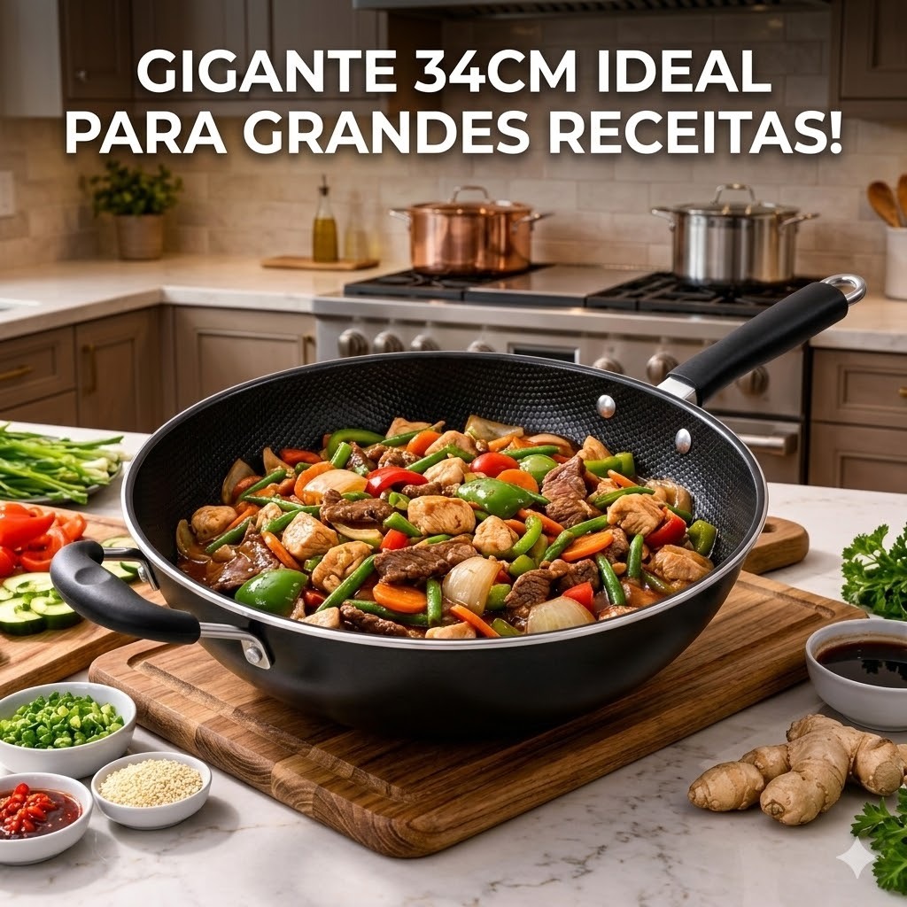 Imagem Frigideira Grande Profissional Antiaderente Wok 34cm Não Gruda Carne Peixe Yakissoba Frutos do Mar
