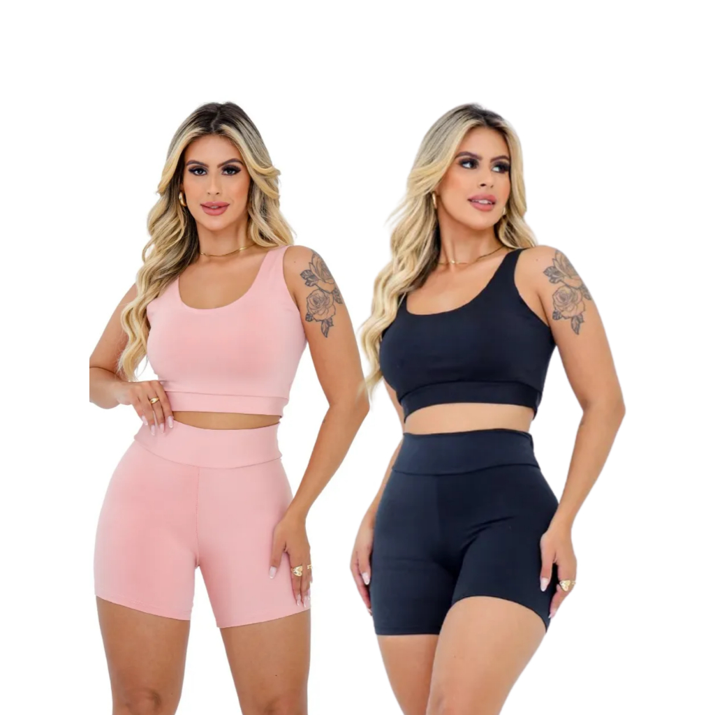 Kit 2 Conjuntos Academia Feminina Top + Shot Cintura Alta e Modeladora Roupa Fitness