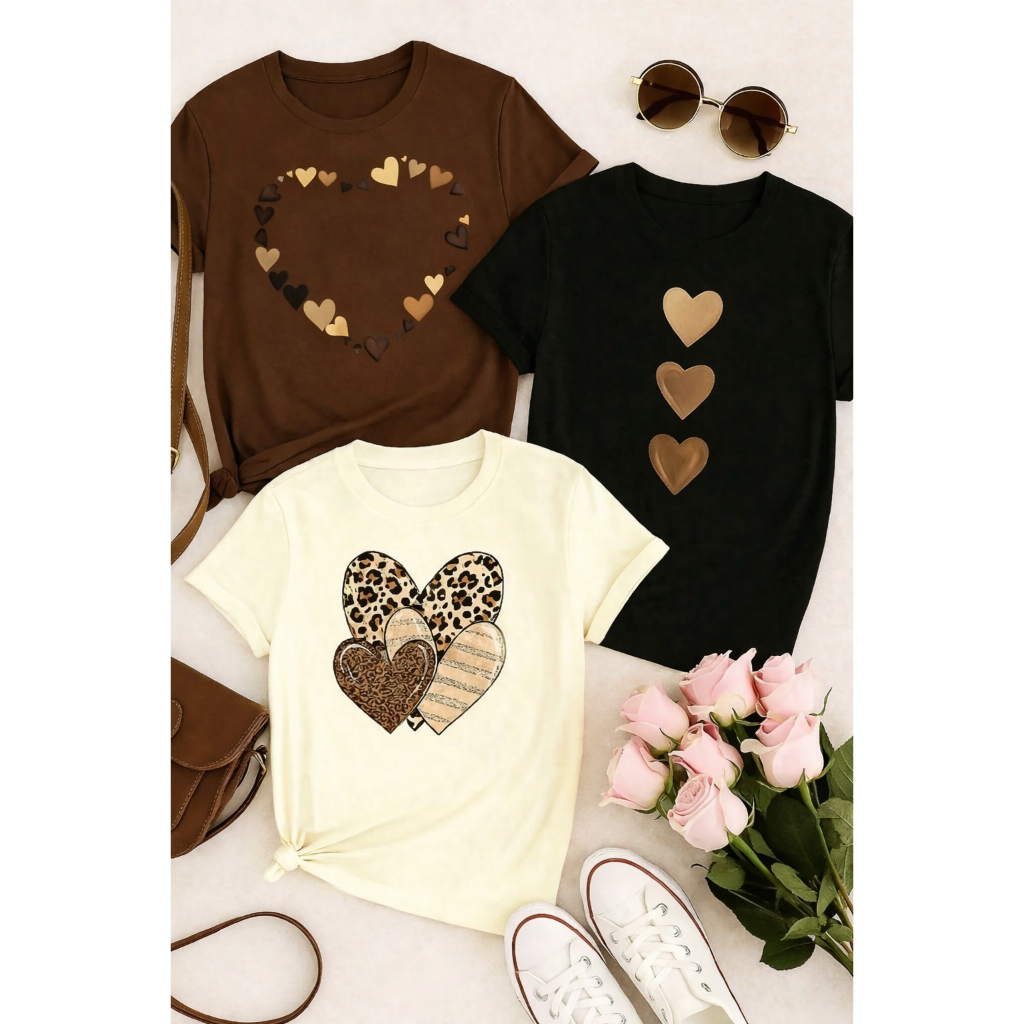 Blusa Kit com 3 blusas femininas de algodão premium estampa coração oncinha marrom em Oferta na Shopee
