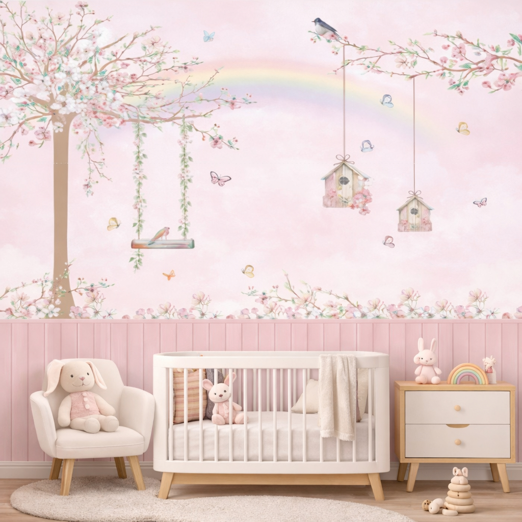 Papel de Parede Adesivo Jardim encantado com Ripado Rosa  Decoração quarto Infantil Painel Completo em Oferta na Shopee