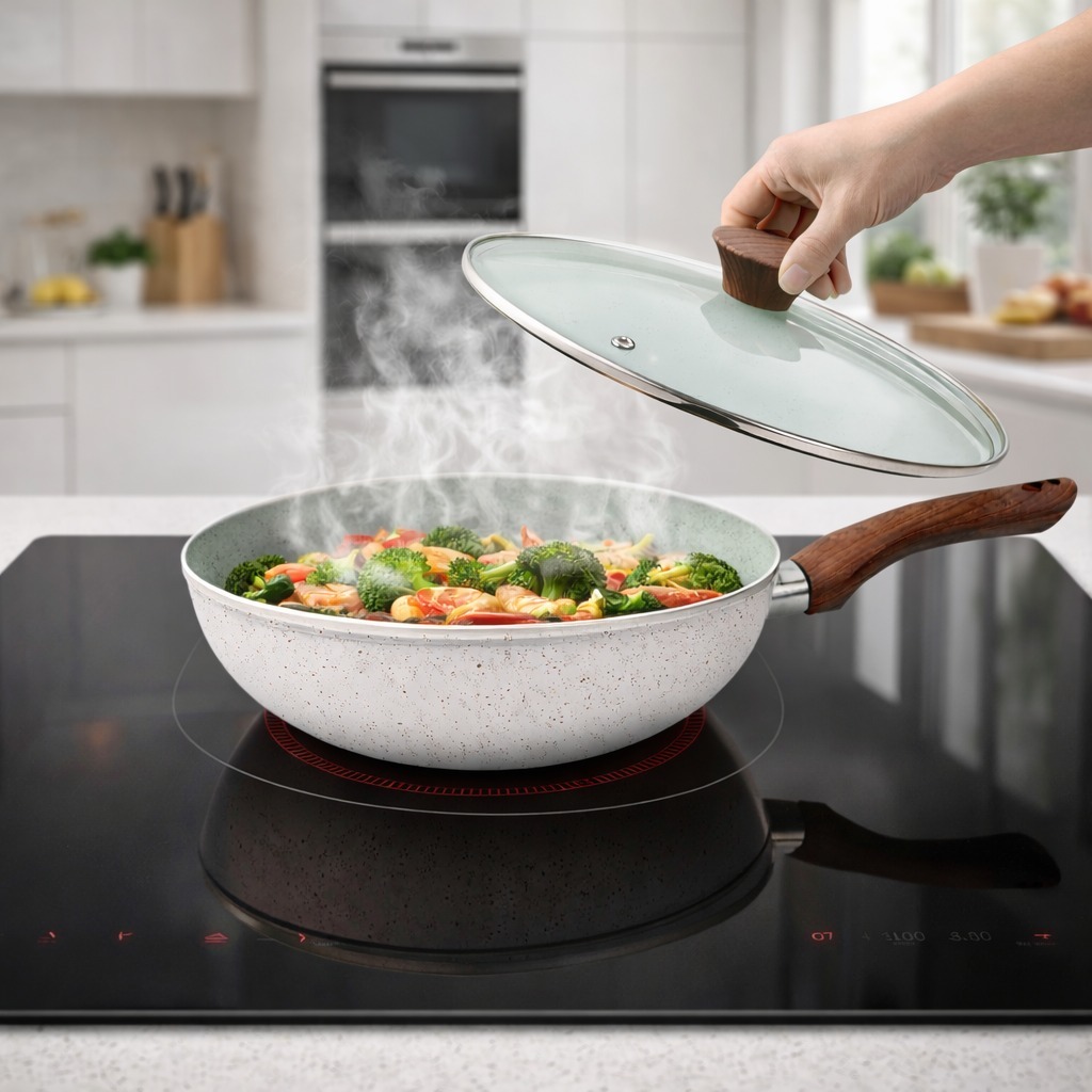 Imagem Frigideira Wok 28cm Grande Antiaderente Cerâmica Reforçada Tampa Vidro Indução Premium Profissional