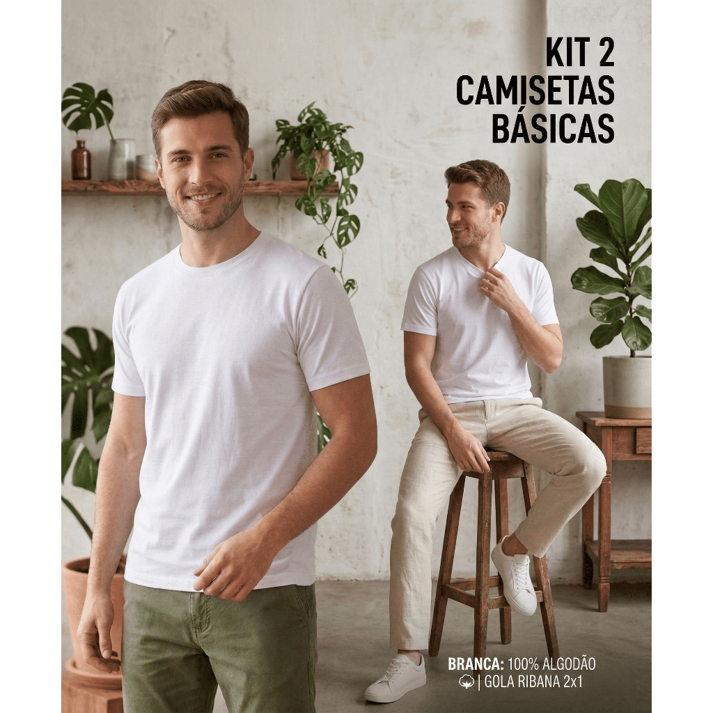 Kit 2 Camisetas Básicas 100% Algodão Penteado Dia a Dia em Oferta na Shopee