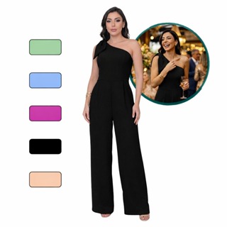 Macacão Longo Feminino Elegante Para Festa Laço No Ombro Latex em Oferta na Shopee