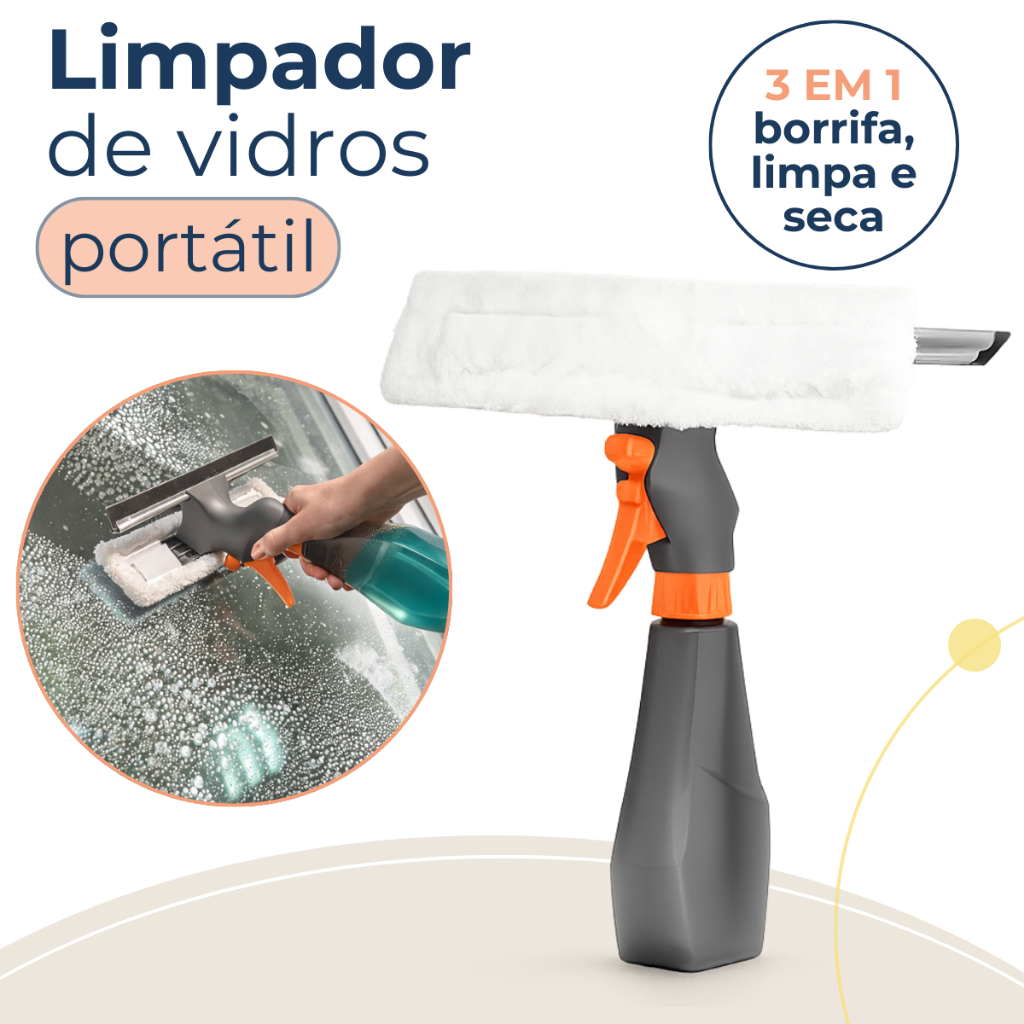 Limpa Vidro Borrifador Spray 3 em 1 Lava e Seca Reservatório Portátil 250ml