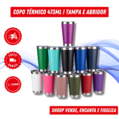 Copo Térmico 473ml | Tampa e Abridor | Inox Bebida Gelada | Várias Cores