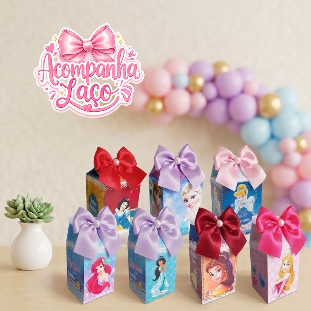 10 Caixa Milk PRINCESAS COM LAÇO Personalizadas Lembrancinha Festa Infantil TODAS AS PRINCESAS
