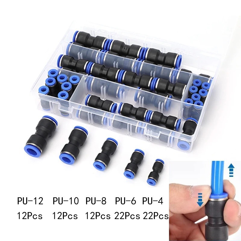 União Reta Pneumática PU Engate Rápido Várias Medidas – Kit 80 Unidades