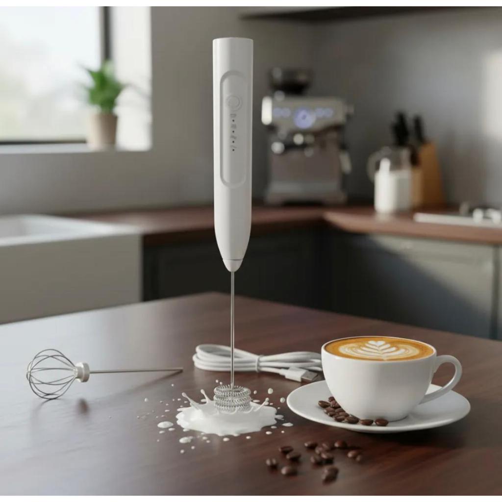 Mini Mixer Elétrico Misturador Batedor De Bebidas 2 em 1 Portátil Recarregável Bivolt Branco