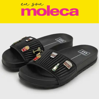 Rasteira Papete Moleca Feminina Preta com Enfeites Divertidos Slide Confortável Casual Moda
