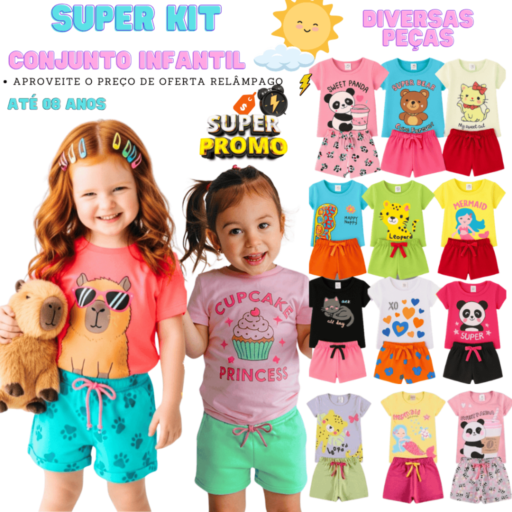 Kit até 14 peças Conjunto Infantil Menina Camiseta Verão Estampada Algodão Roupa de Bebê Criança Algodão Blogueirinha