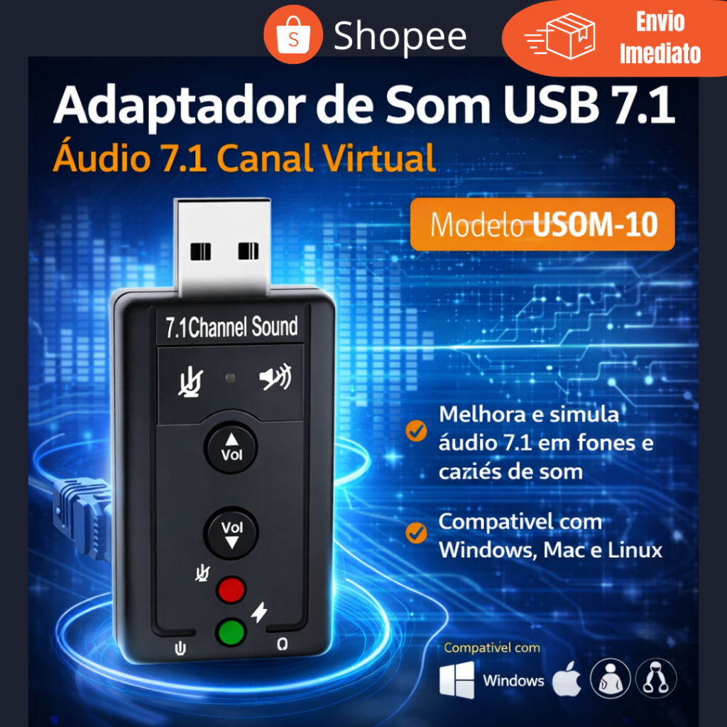 Adaptador de Som USB 7.1 Virtual Exbom USOM-10 | Placa de Som Externa USB para Fone e Microfone